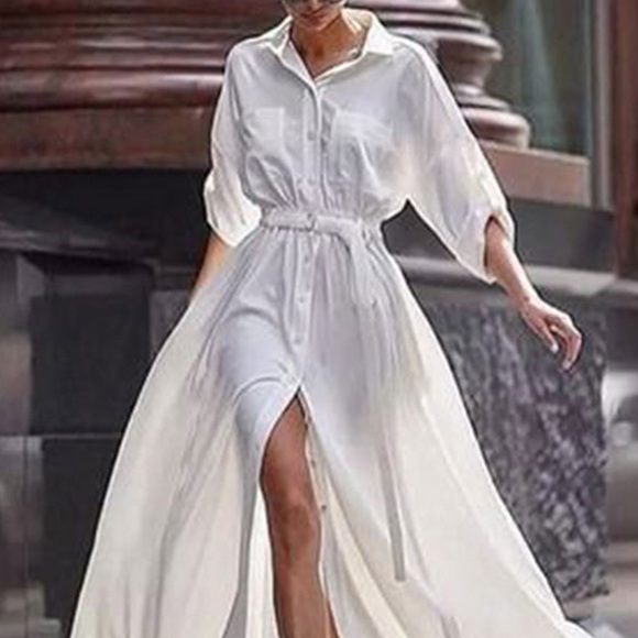 Button Down Collar Roll Up Sleeve Half Sleeve Maxi - Picture 2 of 3